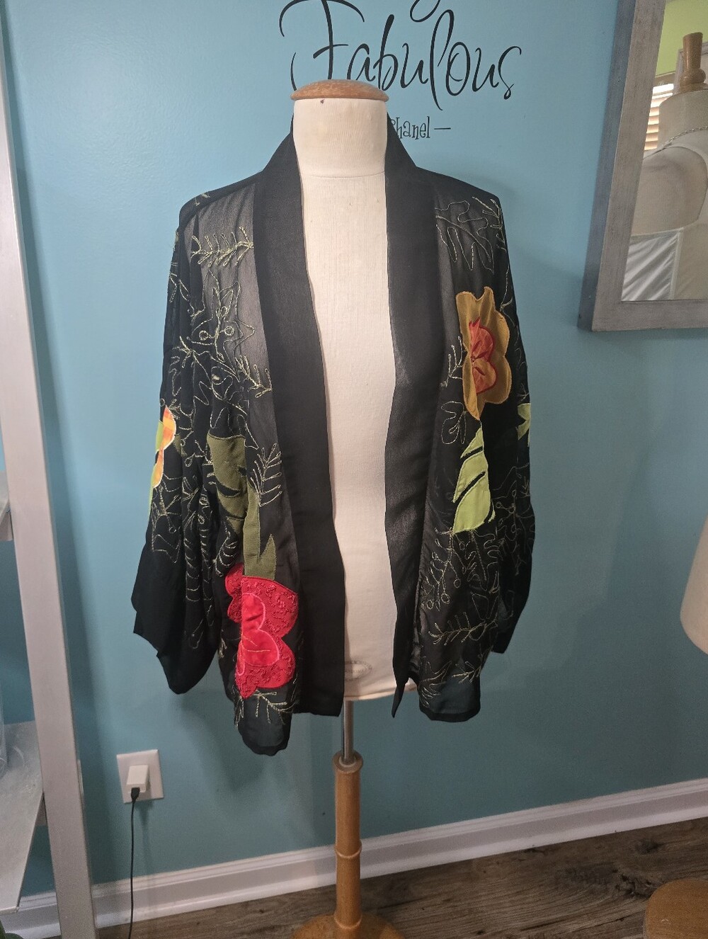 Artsy and Chic Embroidered Black Floral Kimono Jacket
